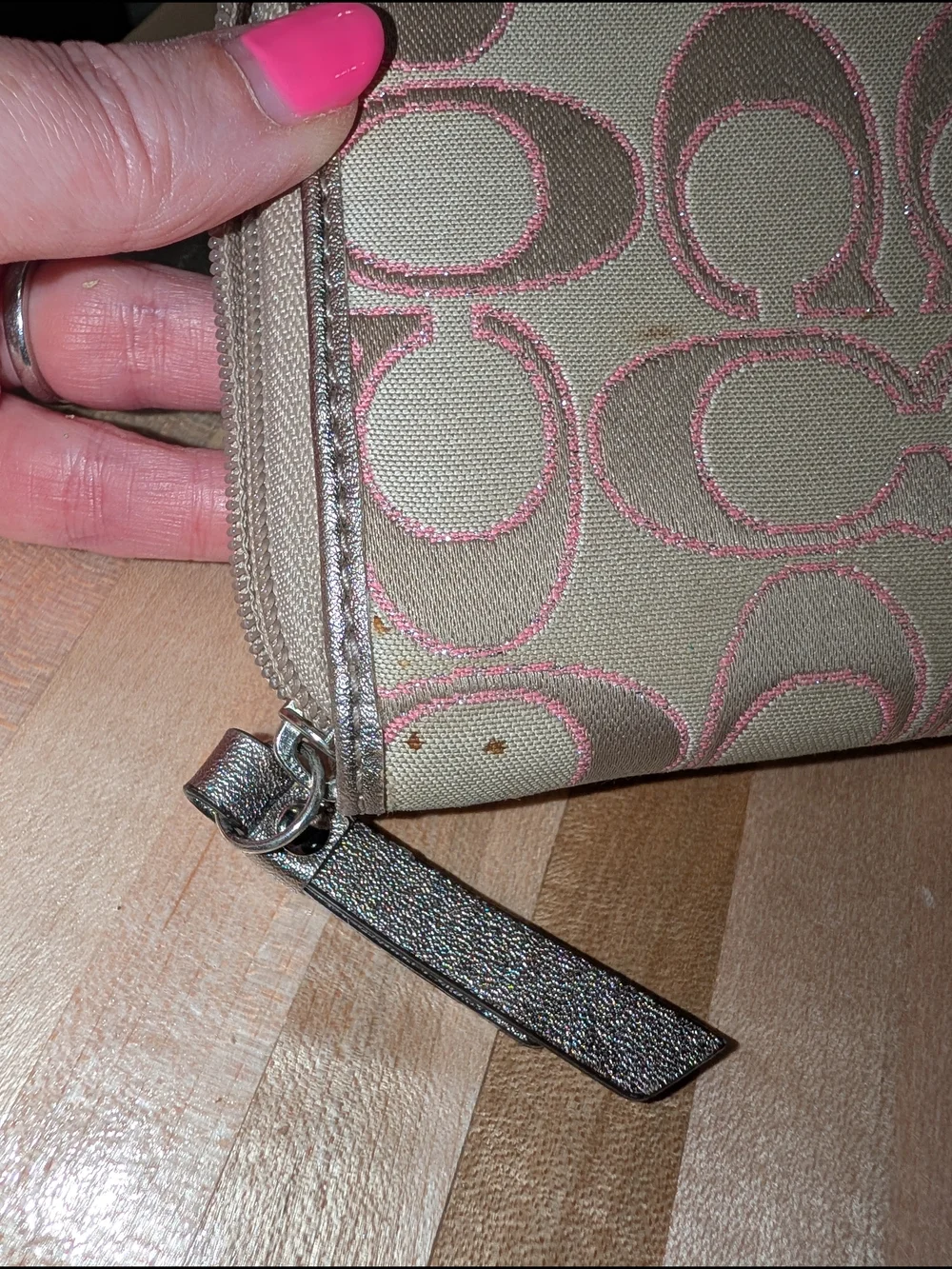 Coach Signature Canvas Zip Wallet in Pink & Beige